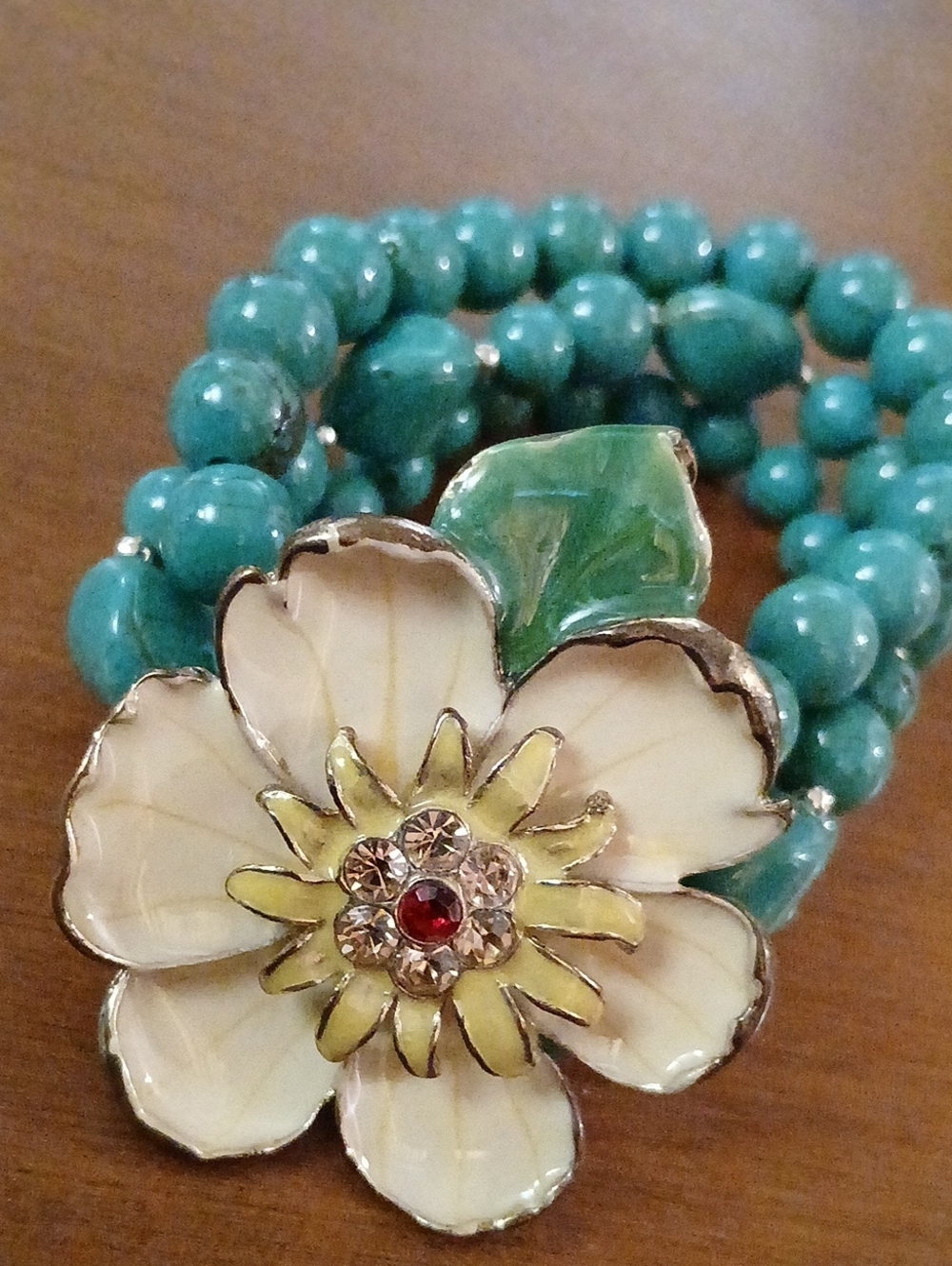 Women’s Floral Enamel & Beaded Stretch Bracelet - Green Turquiose Colored